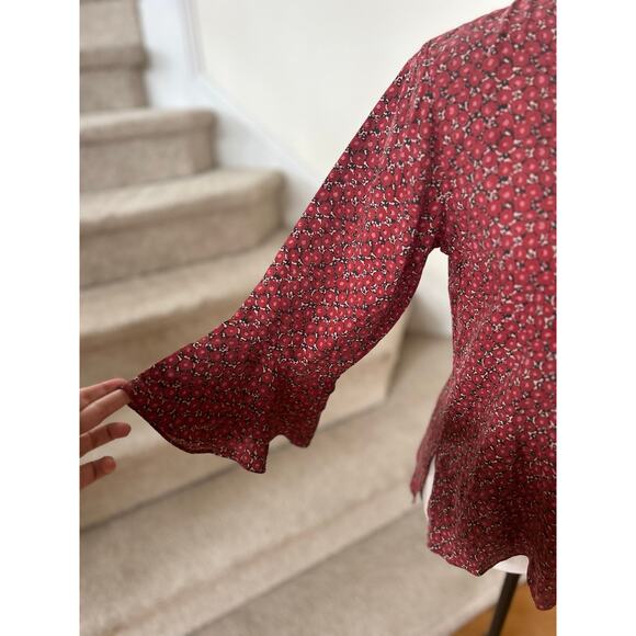 Vintage Y2K Coldwater Creek Silk Red Ditzy Floral Button Down Flutter Sleeve - Picture 6 of 7